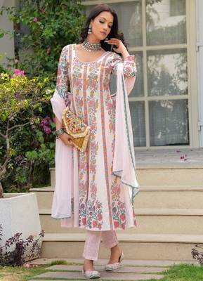 light pink hand block print anarkali kurta with pants & chiffon dupatta set 1