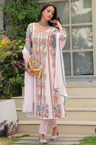 light pink hand block print anarkali kurta with pants & chiffon dupatta set