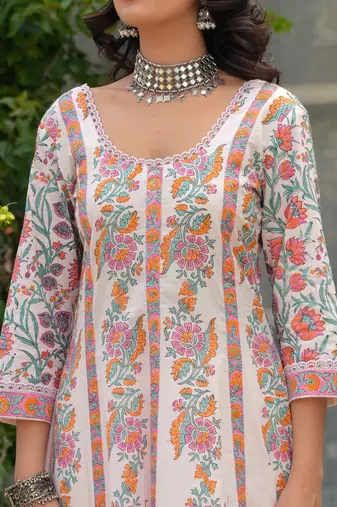 light pink hand block print anarkali kurta with pants & chiffon dupatta set