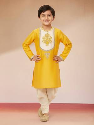 boys yellow viscose kurta with cream dhoti - traditional embroidered set 2
