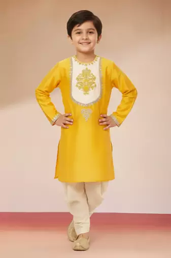 boys yellow viscose kurta with cream dhoti - traditional embroidered set