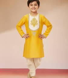boys yellow viscose kurta with cream dhoti - traditional embroidered set
