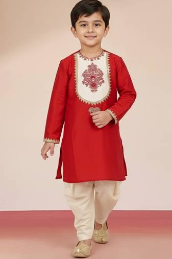 Vastramay boys red viscose kurta with cream dhoti - traditional embroidered set