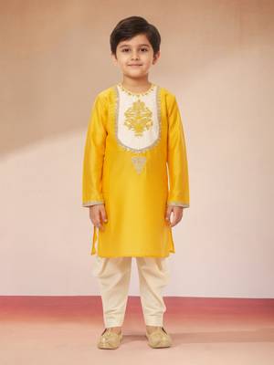 boys yellow viscose kurta with cream dhoti - traditional embroidered set 1
