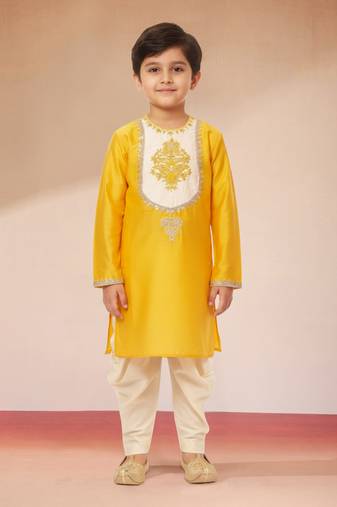 boys yellow viscose kurta with cream dhoti - traditional embroidered set