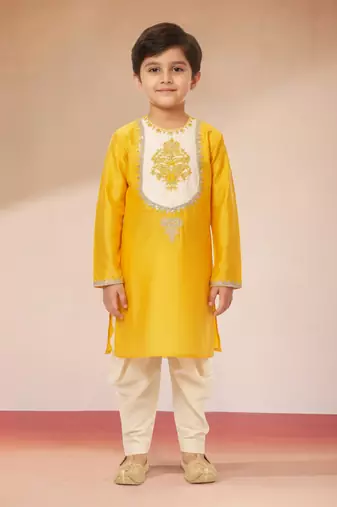 boys yellow viscose kurta with cream dhoti - traditional embroidered set