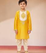 boys yellow viscose kurta with cream dhoti - traditional embroidered set