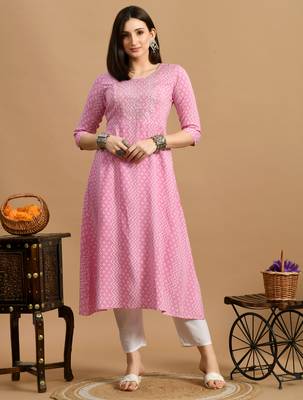White embroidered chikankari  rayon pink a-line kurta 1