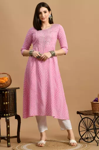 White embroidered chikankari  rayon pink a-line kurta