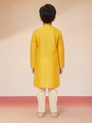 boys yellow viscose kurta with cream dhoti - traditional embroidered set 4