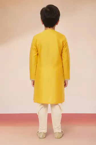 boys yellow viscose kurta with cream dhoti - traditional embroidered set