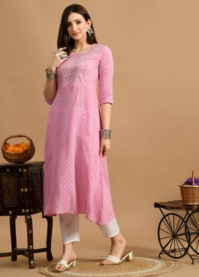White embroidered chikankari  rayon pink a-line kurta 2