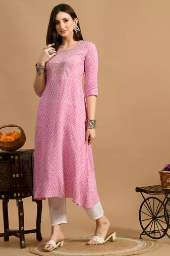 White embroidered chikankari  rayon pink a-line kurta