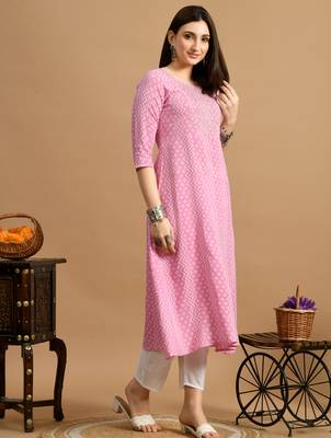 White embroidered chikankari  rayon pink a-line kurta 3