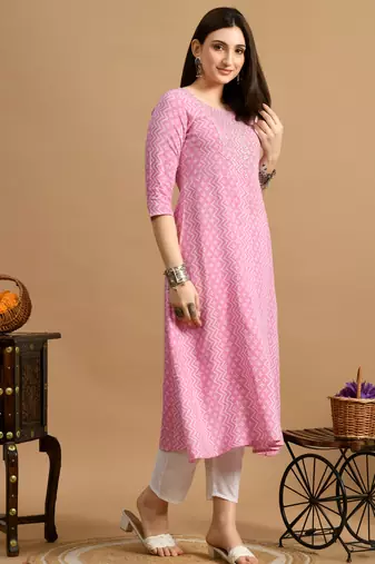 White embroidered chikankari  rayon pink a-line kurta