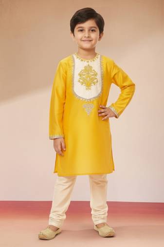 boys yellow kurta with cream pyjama 