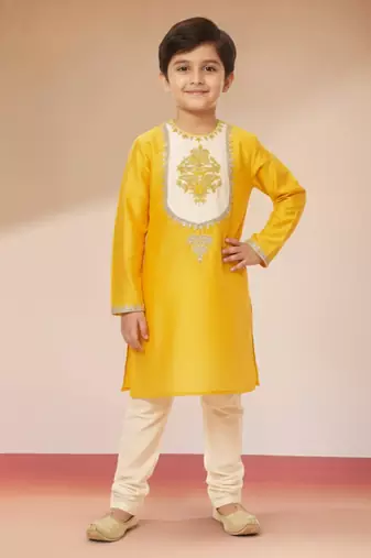 boys yellow kurta with cream pyjama 