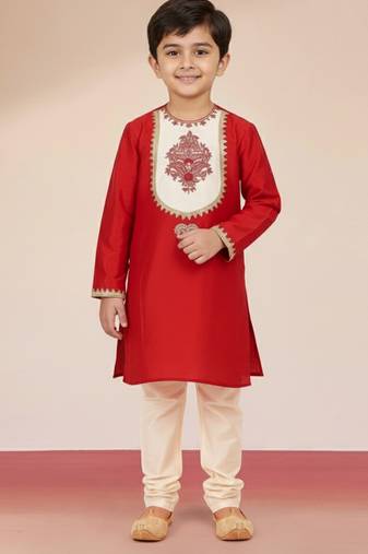 boys red viscose kurta with cream pyjama - traditional embroidered set