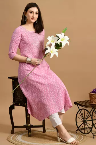 White embroidered chikankari  rayon pink a-line kurta