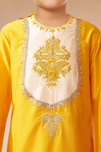 boys yellow kurta with cream pyjama 