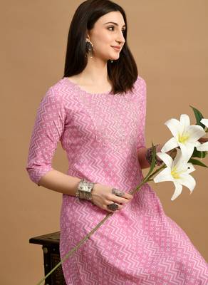 White embroidered chikankari  rayon pink a-line kurta 5