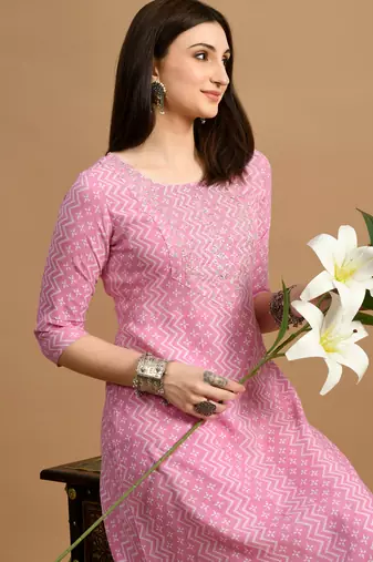 White embroidered chikankari  rayon pink a-line kurta