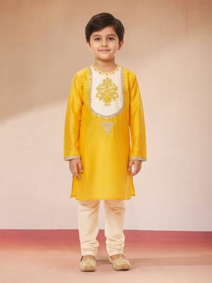 boys yellow kurta with cream pyjama  3