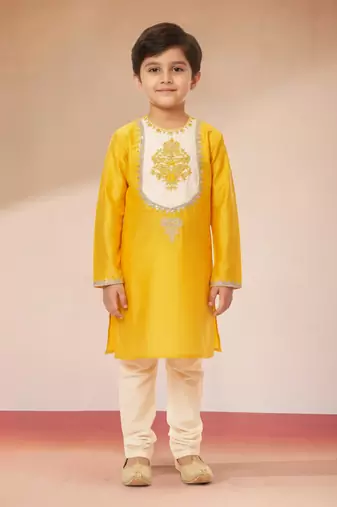 boys yellow kurta with cream pyjama 