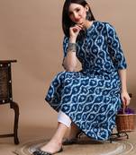 Blue printed cotton a-line kurta for women