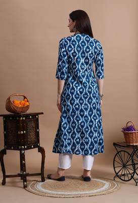 Blue printed cotton a-line kurta for women 4