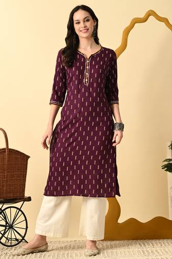 Maroon printed cotton straight kurta for women
