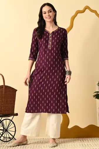 Maroon printed cotton straight kurta for women