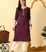 Maroon printed cotton straight kurta for women