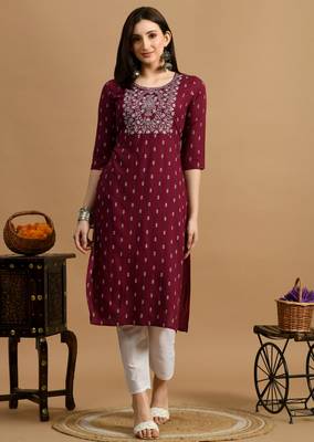 Maroon embroidery cotton straight kurta for women 1