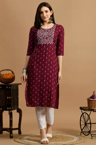 Maroon embroidery cotton straight kurta for women