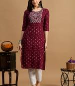 Maroon embroidery cotton straight kurta for women