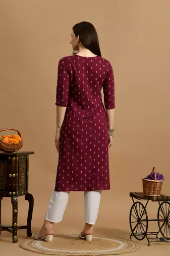 Maroon embroidery cotton straight kurta for women