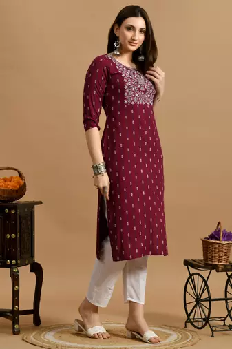 Maroon embroidery cotton straight kurta for women