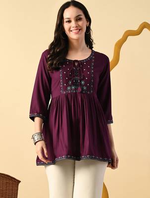 Maroon embroidery rayon short kurta for women 1