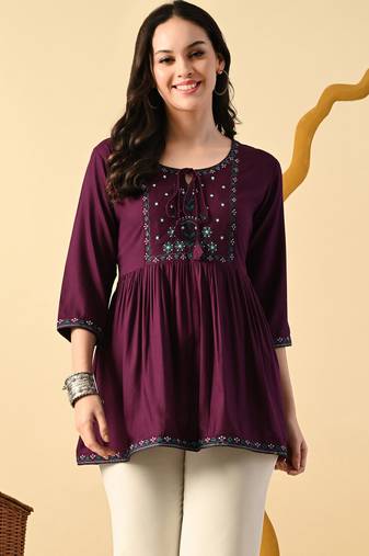 Maroon embroidery rayon short kurta for women