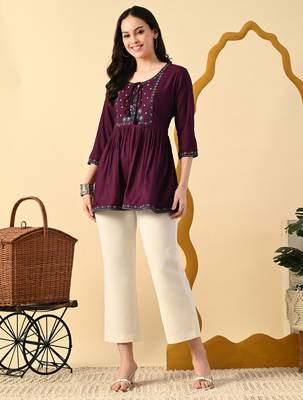 Maroon embroidery rayon short kurta for women 2