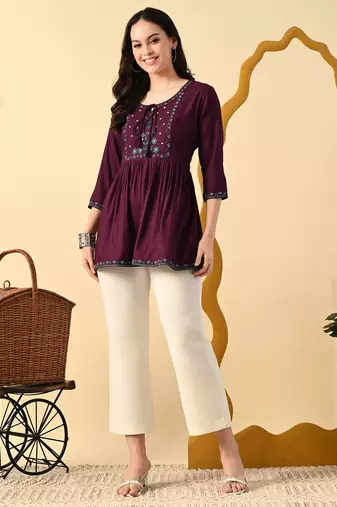 Maroon embroidery rayon short kurta for women