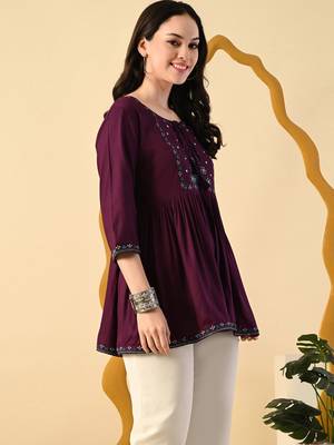 Maroon embroidery rayon short kurta for women 3