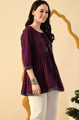 Maroon embroidery rayon short kurta for women