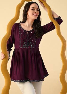 Maroon embroidery rayon short kurta for women 4