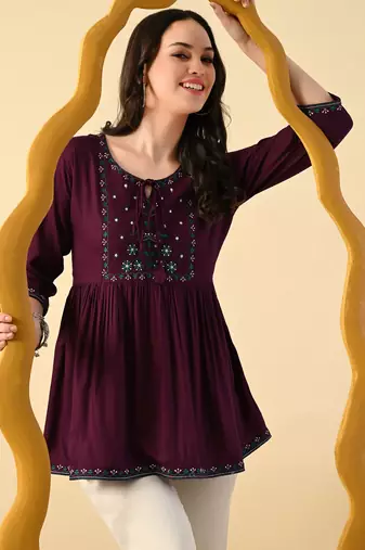 Maroon embroidery rayon short kurta for women