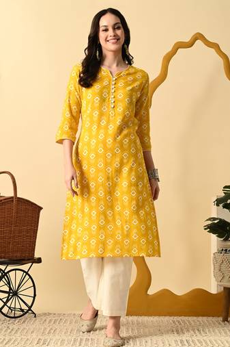 Yellow printed rayon straight kurta for women