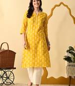Yellow printed rayon straight kurta for women