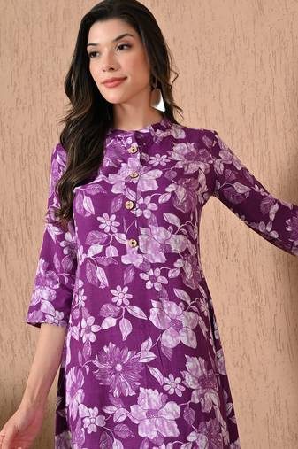 Maroon printed cotton a-line kurta for women