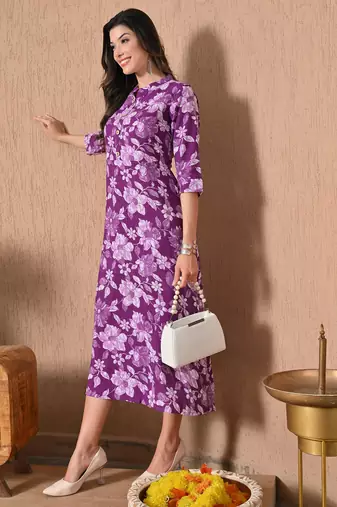 Maroon printed cotton a-line kurta for women